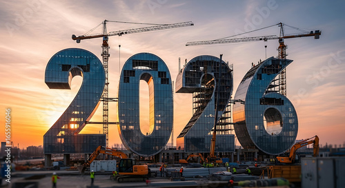 Construction site with cranes building the numbers 2026, symbolizing future development, investment, and progress in urban architecture