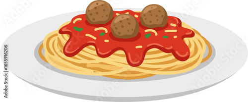 Delicious spaghetti with rich tomato sauce and savory meatballs on a white plate, a classic Italian meal.
