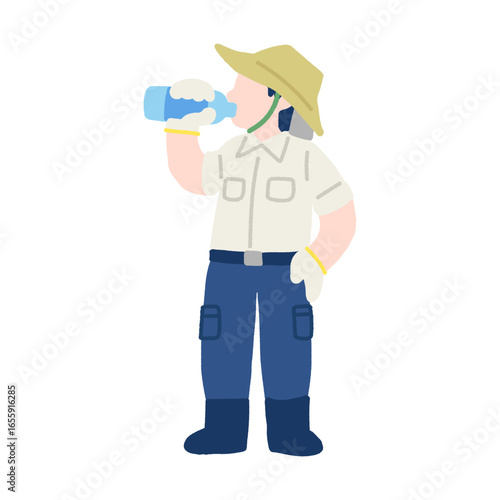 水分補給をする働く人(農家)のフラットなイラスト