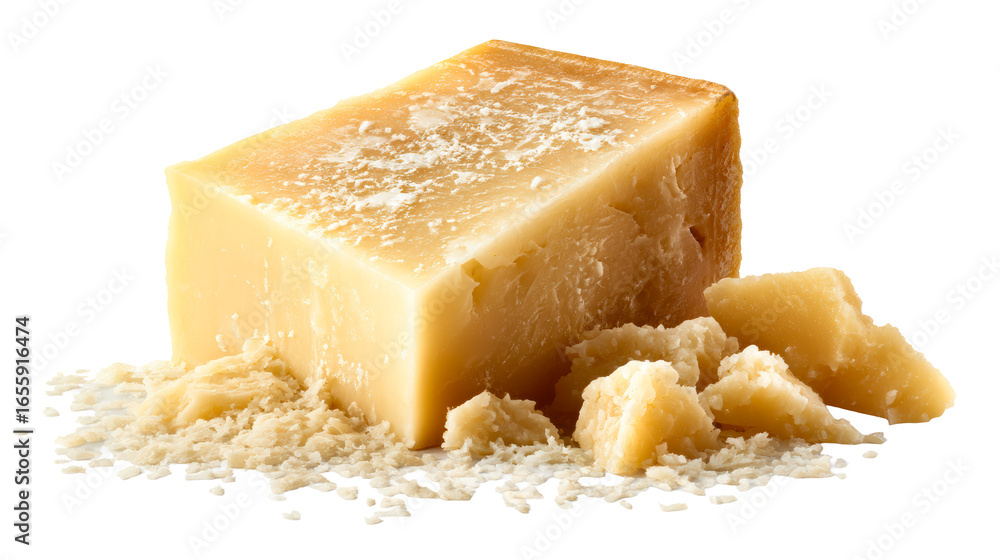 Naklejka premium Hard aged cheese block and shards with fine grating on white surface, cut out transparent