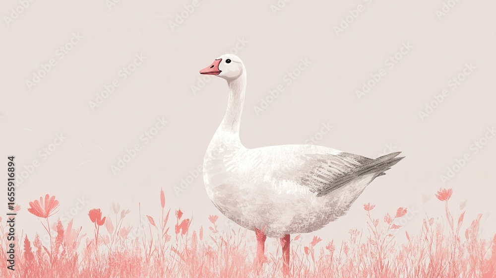 Fototapeta premium Elegant White Swan Standing Gracefully Among Pink Flower Field