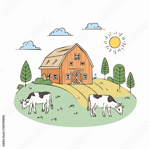 Farmhouse landscape with barn and grazing cows under a sunny sky