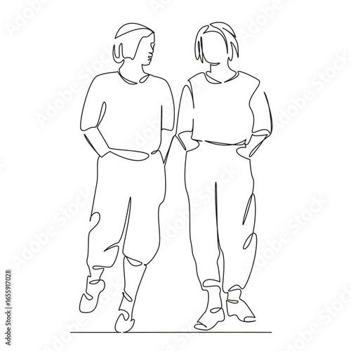One continuous single drawing line art flat doodle girl, woman, walking, female, 2, teenage, friends, talking. Isolated image hand draw contour on a white background, hand drawn, not AI