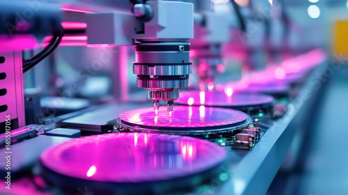 Automated machinery processing silicon wafers in a semiconductor plant
