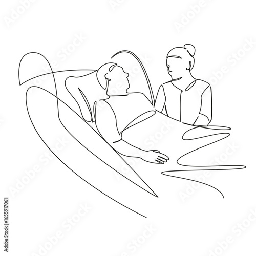 One continuous single drawing line art flat doodle care, patient, disease, hospital, female, nurse, support. Isolated image hand draw contour on a white background, hand drawn, not AI