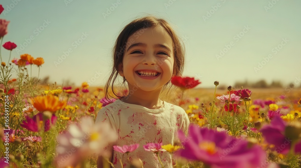 Joyful Child Smiling Among Bright Flowers in Beautiful Field