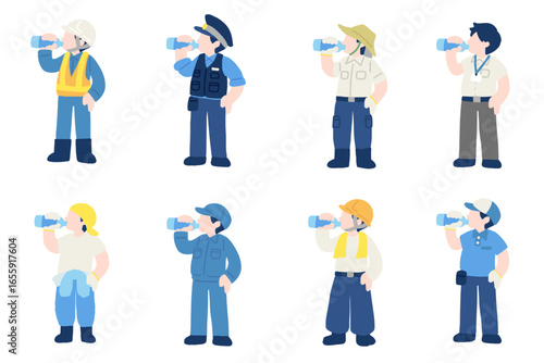 水分補給をする働く人々[男性]のフラットなイラスト(セット)