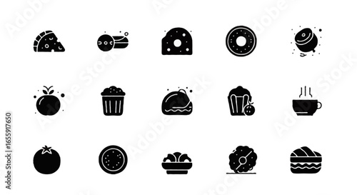 Vector food and Drink icons set | Include slice of bread, milk carton, lemon slice, noodle bowl, cheese wedge, steak, mushroom, rice bowl, cake slice, swiss roll, hamburger, pizza slice, sausage, ham