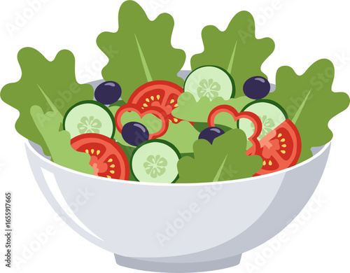 Vibrant fresh salad bursting with colorful vegetables in a clean white bowl, perfect for healthy eating