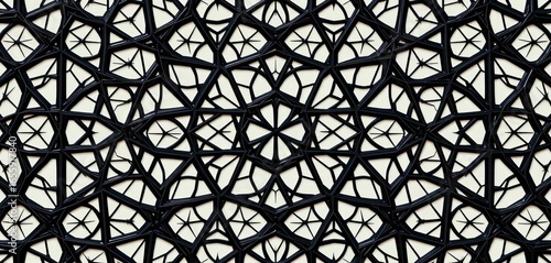 Intricate black geometric shapes form a complex, repeating pattern,  shapes,  sophisticated