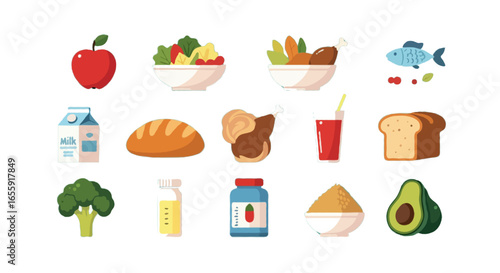 Vector Nutrition & Diet icons set | Includes apple, salad bowl, fish, chicken breast, milk carton, bread loaf, smoothie glass, broccoli, measuring scale, vitamin bottle, grain bowl, and avocado
