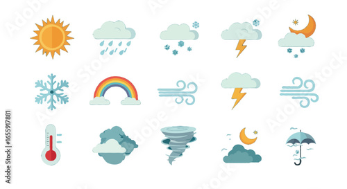 Vector mixed Weather icons set | Include cloudy, rainy, sunny, snowy, windy, hot, rainbow, typhoon, gale