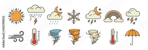 Flat Vector mixed Weather icons set | Include cloudy, rainy, sunny, snowy, windy, hot, rainbow, typhoon, gale