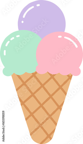 Delightful triple scoop ice cream cone with pastel flavors perfect for summer treats
