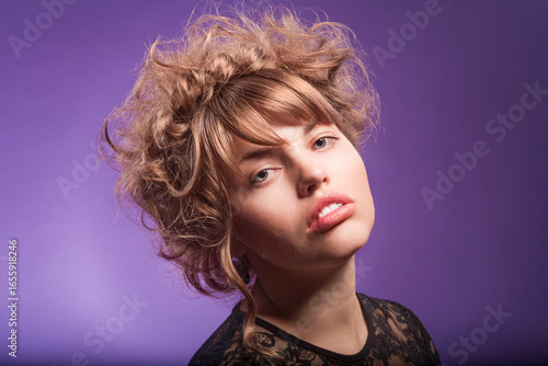 Bilde på lerret Sensual Winsome Caucasian Blond Woman with Curly Stylish Hair and Plumpy Lips As