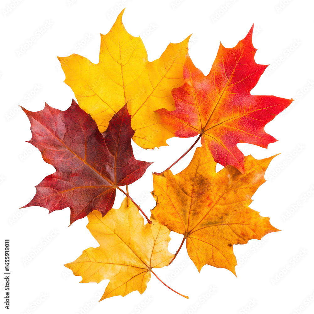 Obraz premium A cluster of beautifully colored autumn maple leaves on a black backdrop.