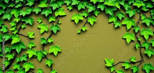 Intricate leafy vines form a repeating green pattern on a textured background,  teal,  summer