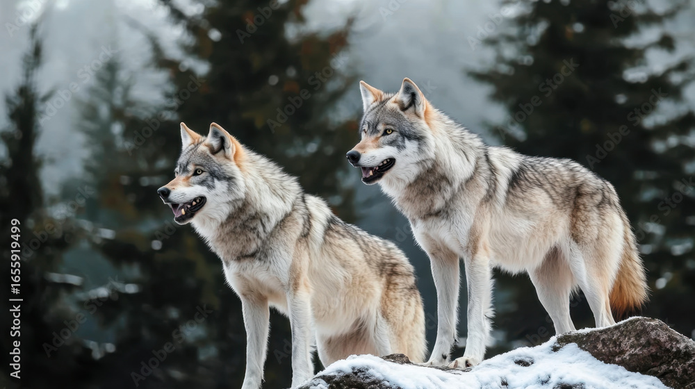 Fototapeta premium Timber wolf hunting in mountain