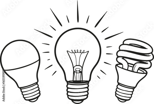 Three different types of light bulbs in a sketch style