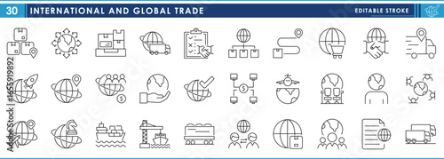 International and Global Trade related icons set. Trade, business, worldwide, shipping, strategy, delivery, and so on. Vector editable stroke.
