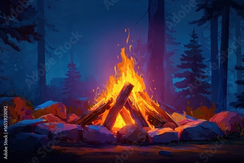 Cozy campfire glowing with vibrant flames and logs, perfect for outdoor adventures and warm lifestyle themes in whimsical cartoon style