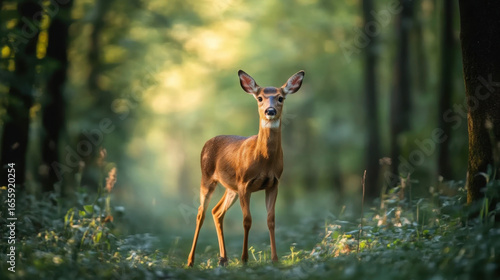 Fototapeta Naklejka Na Ścianę i Meble -  Deer walking in forest with tall trees
