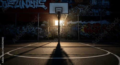 Urban Basketball Court at Dusk: Graffiti Backdrop Photo