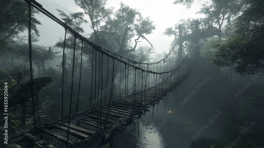 Obraz premium A rustic suspension bridge in a dense, misty jungle, with lush vegetation and a mysterious atmosphere.
