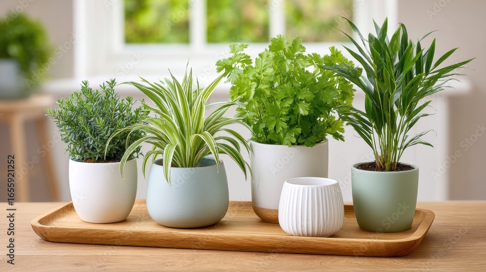 Fototapeta premium Stylish Indoor Plants in Modern Pots on a Wooden Tray with Natural Light in a Cozy Living Space