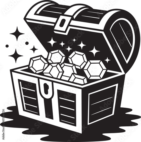 Open treasure chest filled with gems isolated on transparent background