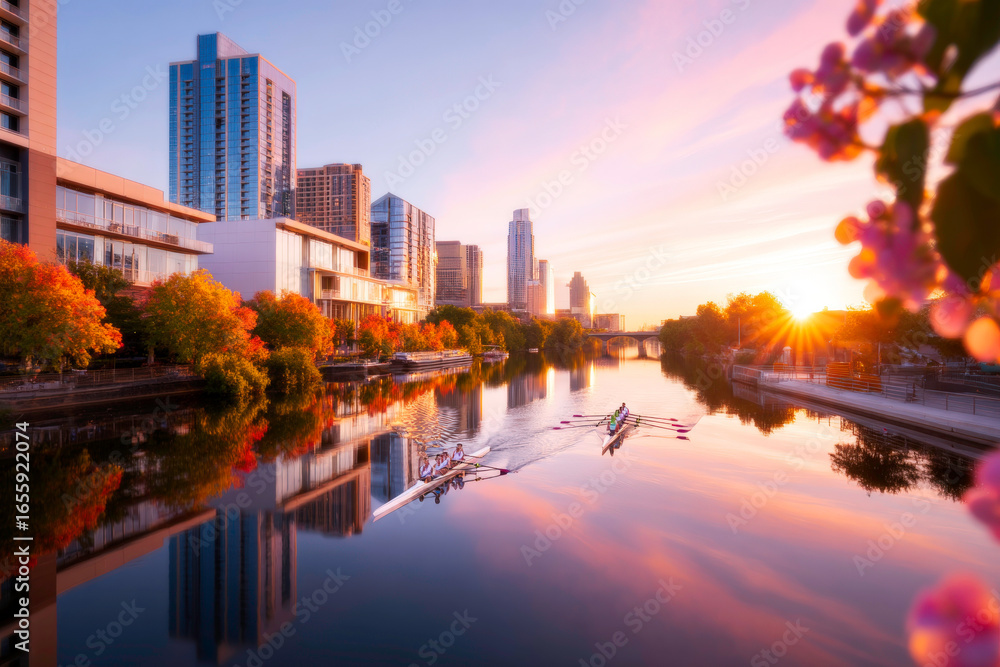 Obraz premium Synchronized rowing crew gliding across calm urban river with skyline backdrop
