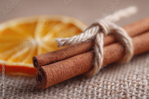 Cinnamon sticks tied with twine next to dried orange slice on fa