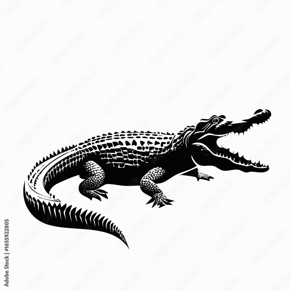 Fototapeta premium A detailed black and white illustration of a crocodile with its mouth open, showcasing teeth.