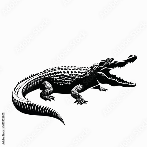 A detailed black and white illustration of a crocodile with its mouth open, showcasing teeth.