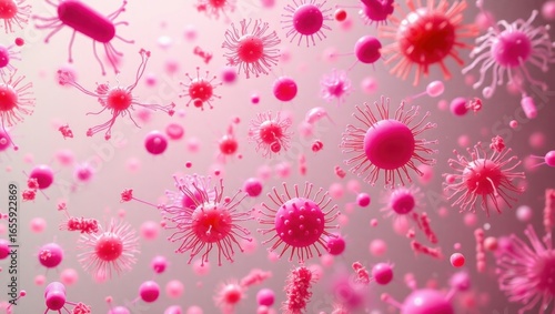 Pink microorganisms and bacteria in 3D, detailed scientific illustration with realistic textures and blue background, high resolution, 4K	
