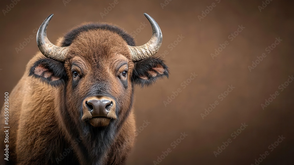 Naklejka premium Majestic Close-Up of a Powerful Brown Buffalo with Strong Horns Against a Soft Earthy Background