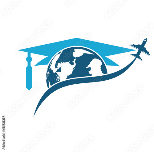 Study abroad vector logo design. Graduation cap and globe icon.