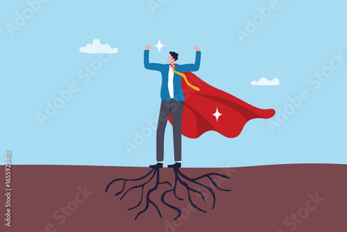 Resilience, strength to survive crisis problems, endurance or vitality to recover from trouble, perseverance or flexibility to change concept, businessman super hero with strong roots as resilience.