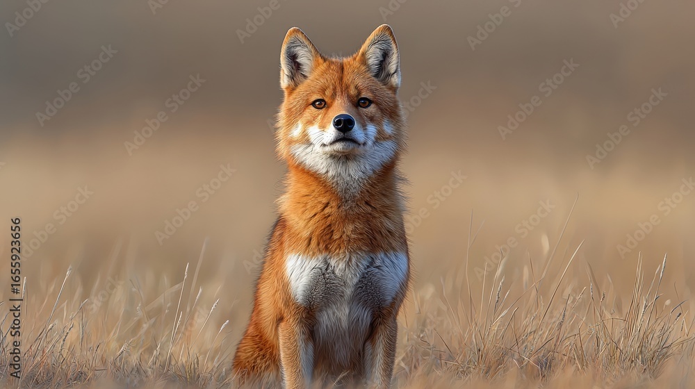 Fototapeta premium Majestic Wild Fox Stands Proudly in a Golden Field During Sunset Hours