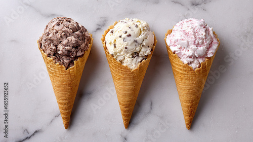 Three ice cream cones on a marble surface, showcasing delicious flavors in an overhead view.