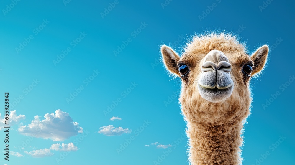 Obraz premium Cute camel portrait with bright blue sky and fluffy clouds in the background, perfect for animal lovers