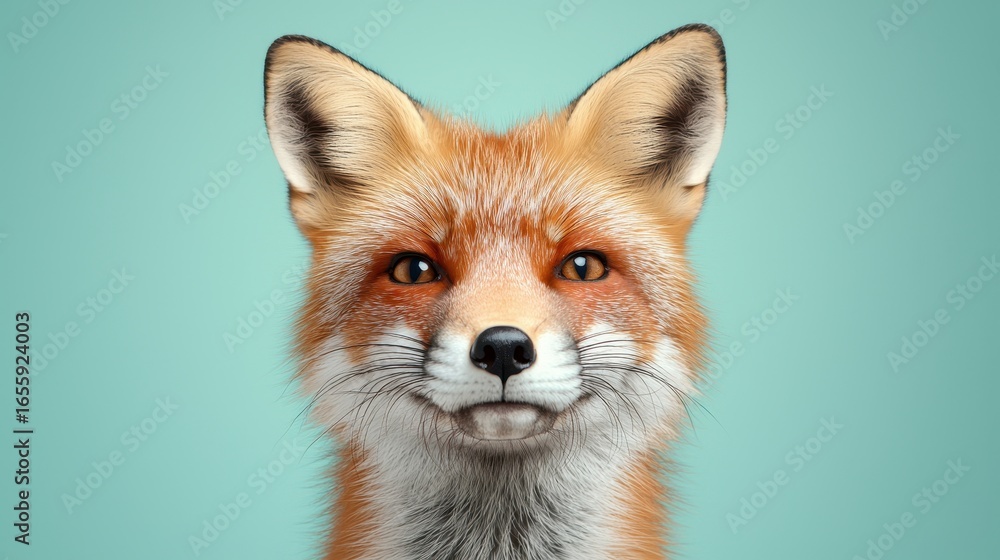 Fototapeta premium Realistic fox portrait with vibrant orange fur and expressive eyes against a soft blue background