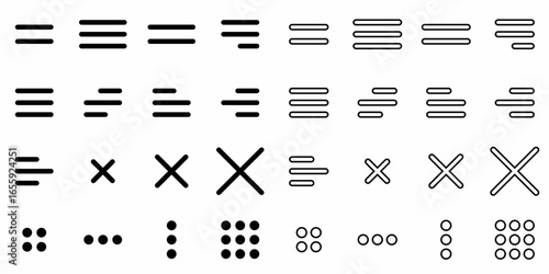Collection of black and white user interface menu icons on white background