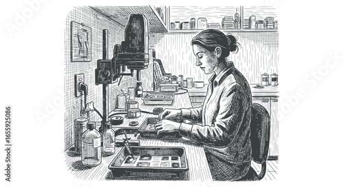 Detailed Sketch Illustration of Woman Developing Photos in Darkroom
