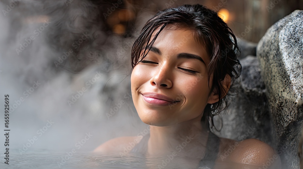 Fototapeta premium Young Woman Relaxing in Natural Hot Spring with Steam, Exuding Serenity and Blissful Calmness in a Spa-Like Setting