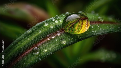 Wallpaper Mural Macro shot of water droplet on leaf, reflecting leaf's pattern Torontodigital.ca