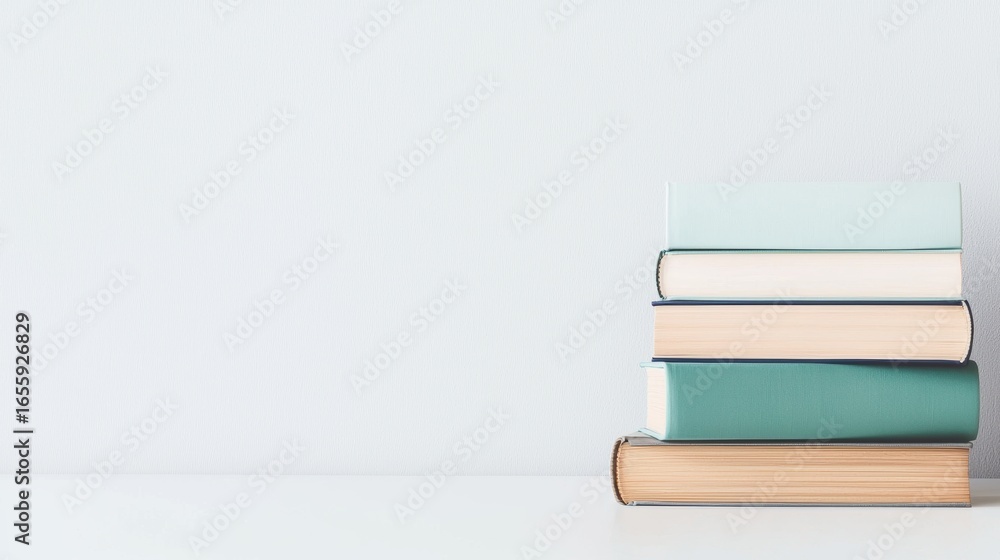 Fototapeta premium Minimalist Stack of Book Three books stacked neatly on a white background, clean and simple composition, modern and minimalist aesthetic
