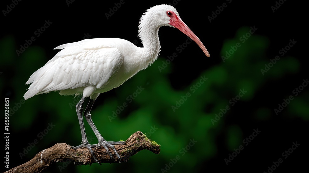 Fototapeta premium Elegant white bird perched on a branch with lush green background showcasing natural beauty and grace