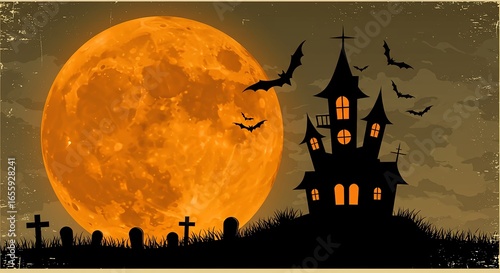 Spooky Halloween Silhouette Haunted House with Full Moon on Grunge Background