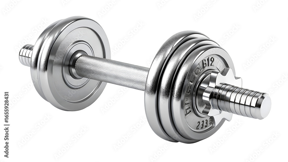 Fototapeta premium Metallic dumbbell, high-resolution, sharp edges, fitness equipment isolated on white background PNG.